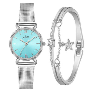 Elegant 2pcs Set Women Watch Bracelet Set Rhinestone Sliver Ladies Watches Luxury