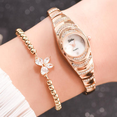 2pcs/set Fashion Women Watch Delicate Rhinestone Silver Watch Bracelet For Women Luxury Ladies