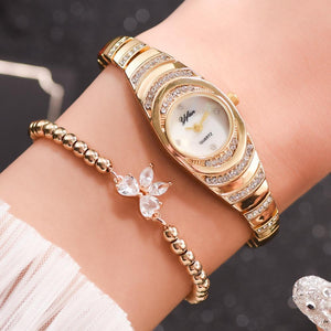 2pcs/set Fashion Women Watch Delicate Rhinestone Silver Watch Bracelet For Women Luxury Ladies