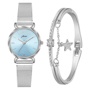 Elegant 2pcs Set Women Watch Bracelet Set Rhinestone Sliver Ladies Watches Luxury