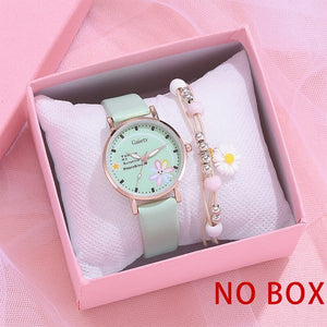 Fashion Brand Watches For Women Cartoon Pattern Flowers Pink Watch Girls Students Leather