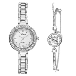 Luxury 2 PCS Set Watch Women Silver Rhinestone Bracelet Watch Jewelry Ladies Female Hour Casual Quartz