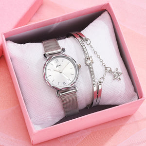 Elegant 2pcs Set Women Watch Bracelet Set Rhinestone Sliver Ladies Watches Luxury