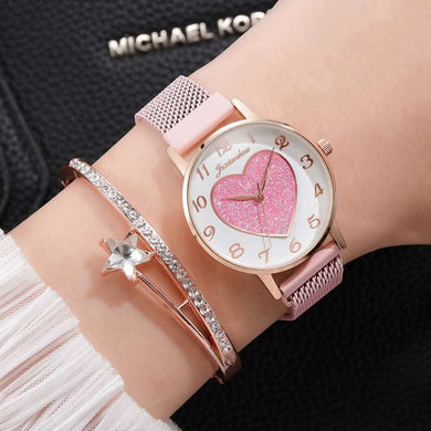 Women Bracelet Quartz Watches For Women Pink Heart Pattern Magnetic Watch Ladies