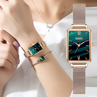 Gaiety Brand Women Watches Fashion Square Ladies Quartz Watch Bracelet Set Green Dial Simple Rose Gold Mesh