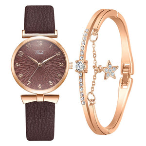 2pcs Set Women Watches Bracelet Set Flowers Ladies Bracelet Watch Casual Leather Quartz Wristwatch Clock