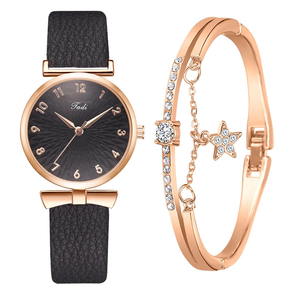 2pcs Set Women Watches Bracelet Set Flowers Ladies Bracelet Watch Casual Leather Quartz Wristwatch Clock