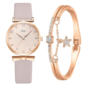 2pcs Set Women Watches Bracelet Set Flowers Ladies Bracelet Watch Casual Leather Quartz Wristwatch Clock