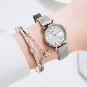 Elegant 2pcs Set Women Watch Bracelet Set Rhinestone Sliver Ladies Watches Luxury