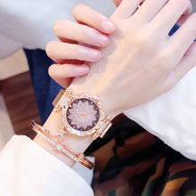 Load image into Gallery viewer, Mesh Magnet Buckle Flower Watch Luxury Ladies Rhinestone Quartz Watch Bracelet Set