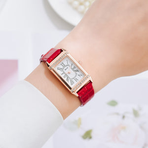 Gaiety Brand Diamond Watches Women Square Rose Gold Wrist Watches Red Leather