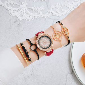 6pcs Set Luxury Women Watches Fashion Flowers Diamond Ladies Bracelet Watch Casual Leather