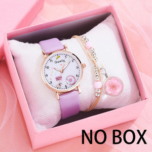 Gaiety Brand 2pcs Set Bracelet Watch Women Cartoon Bear Pattern Girls Pink Leather Ladies