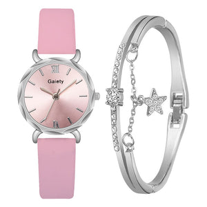 Gaiety Brand Women Watches Fashion Ladies Quartz Watch Bracelet Pink Dial Simple Sliver Leather