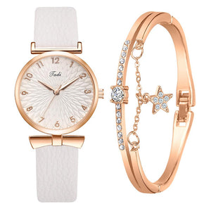 2pcs Set Women Watches Bracelet Set Flowers Ladies Bracelet Watch Casual Leather Quartz Wristwatch Clock