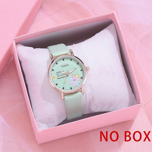 Fashion Brand Watches For Women Cartoon Pattern Flowers Pink Watch Girls Students Leather