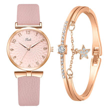 Load image into Gallery viewer, 2pcs Set Women Watches Bracelet Set Flowers Ladies Bracelet Watch Casual Leather Quartz Wristwatch Clock