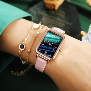 Watch Women Luxury Rectangle Dial Dress Bracelet Watches Set Ladies Leather