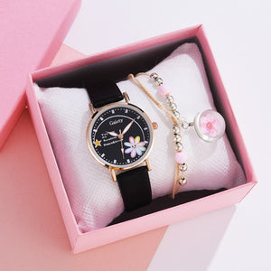 Fashion Brand Watches For Women Cartoon Pattern Flowers Pink Watch Girls Students Leather