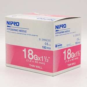 Nipro Hypodermic Needle 18G X 1.5" (1.2 x 40 mm.) Wall Sterile Lab Science Thin