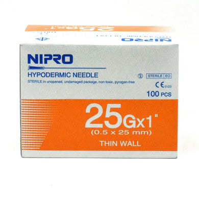 NIPRO Hypodermic 25g.x1 Needle Thin Wall Sterile 0.5 x 25 mm Science Lab 100 Pcs.