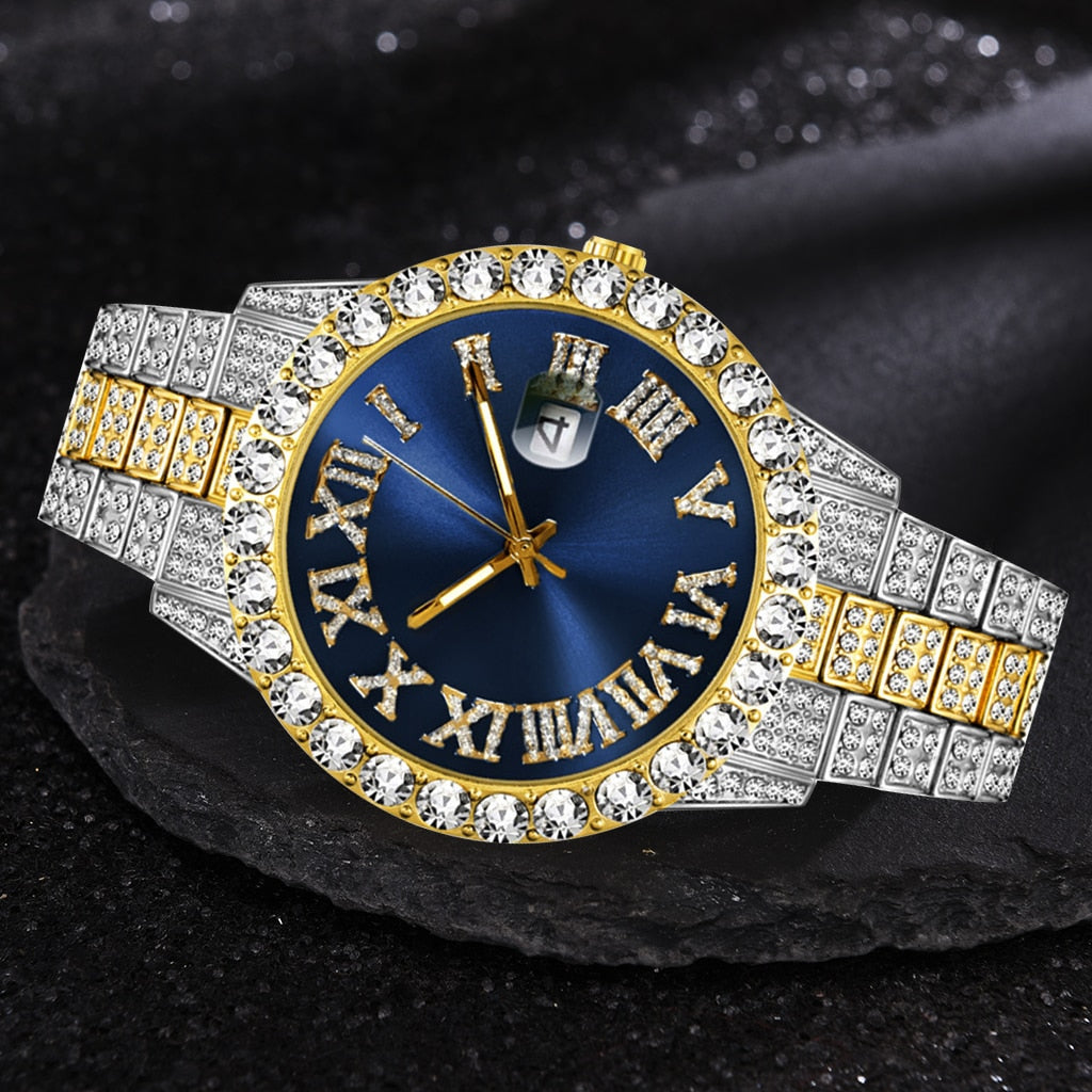 Relogio Masculino Men's Watches Bracelet Set Luxury Quartz Watches Stainless Steel Diamond