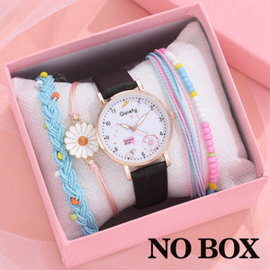 Gaiety Brand 5pcs Set Women Watch Bracelet Set Pink Girls Watch Fashion Leather Lovely Ladies Quartz Clock Reloj