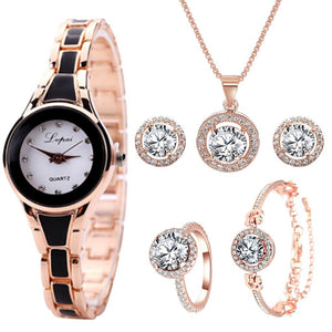 Lvpai Luxury Watch For Women 6pcs Set Bracelet Necklace Earrings Rings Elegant