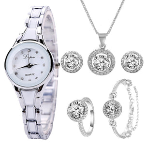 Lvpai Luxury Watch For Women 6pcs Set Bracelet Necklace Earrings Rings Elegant