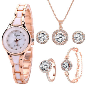 Lvpai Luxury Watch For Women 6pcs Set Bracelet Necklace Earrings Rings Elegant