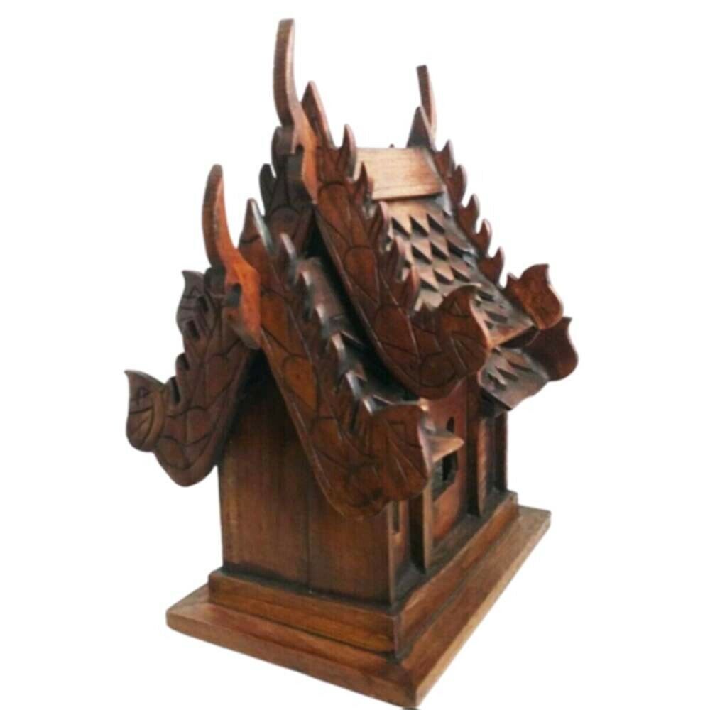 Thai Small Temple Buddh Wooden Spirit House Buddhist Handmade Home Collectibles