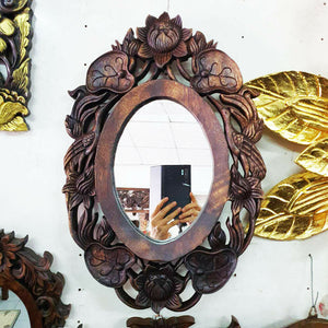 Wood Hand Carved Mirror with Frame Vintage Style Wall Art Lotus Pond Home Decor
