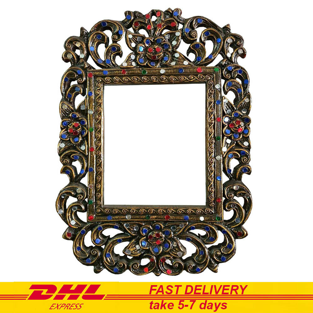 Wood Mirror Frame Thai Antique Style Lacquered Handmade in Cut Glass Home Decor