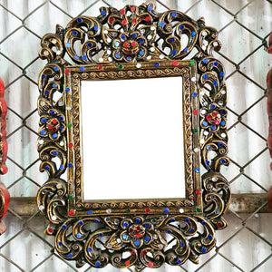 Wood Mirror Frame Thai Antique Style Lacquered Handmade in Cut Glass Home Decor