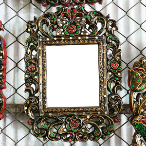 Wood Mirror Frame Thai Antique Style Lacquered Handmade in Cut Glass Home Decor