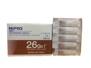 Nipro Hypodermic Needle 26G x 1" (0.45 X 25 mm) Thin Wall Sterile Science Lab