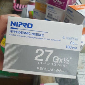 Nipro Hypodermic Needle 27g x1/2" Thin Wall 0.4 x12 mm Sterile Science lab 1 Box