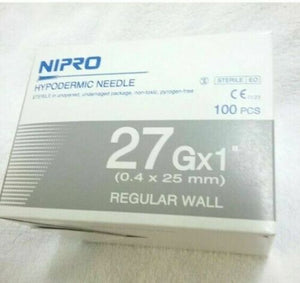 Nipro Hypodermic Needle 27g x1" Thin Wall 0.4 x12 mm Sterile Science lab 1 Box