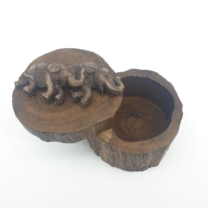 Rare Elephant Teak Wood Round Box Wooden Lid Trunk Log Coin Trinket Ring Thai
