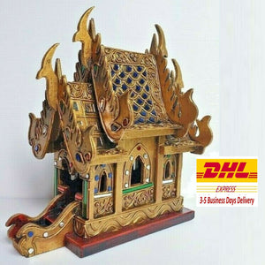 Thai Spirit House Golden Buddhist Altar Temple Teak Wood Craft Handmade Shrine