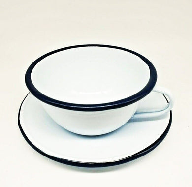 Enamelware Cup Vintage White Mug Camping Enamel Coffee Tea Drinking Blue Trim