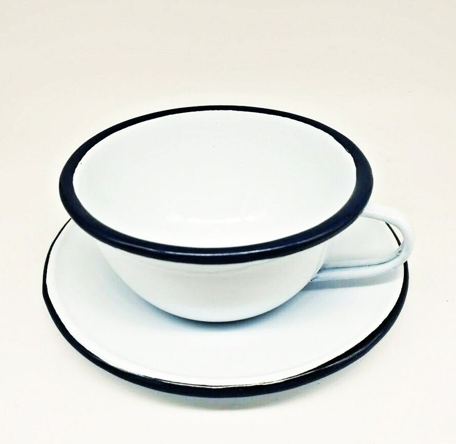 Enamelware Cup Vintage White Mug Camping Enamel Coffee Tea Drinking Blue Trim
