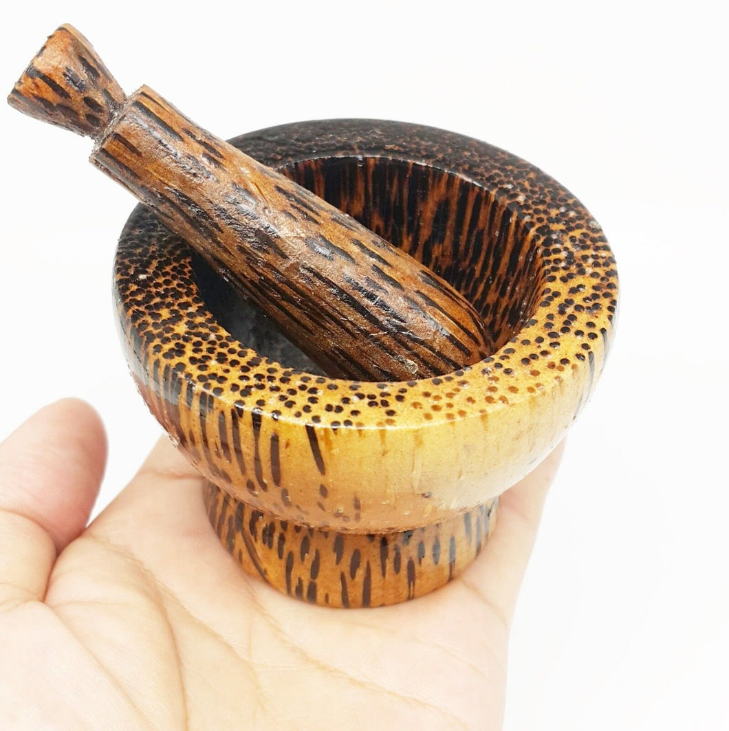 Mortar & Pestle Small Set Wood Handle Thai Handcraft Primitive Vintage Mini (3