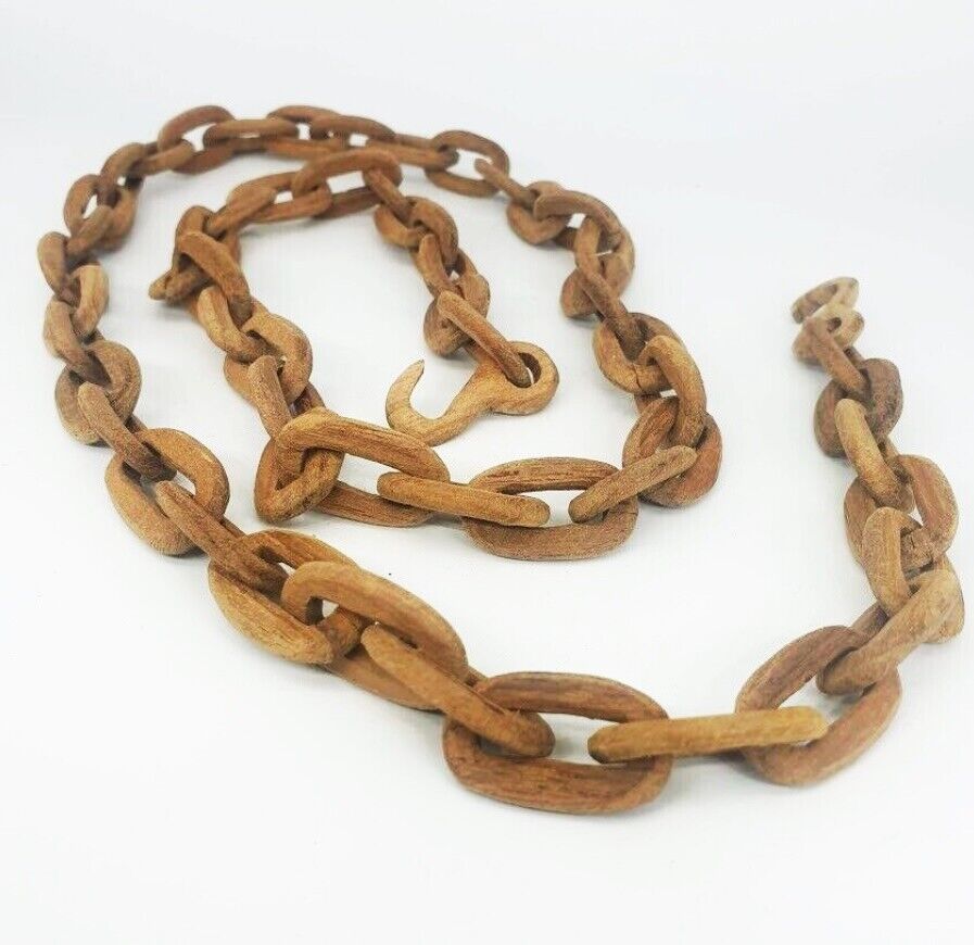 39inches Vintage WOODEN CHAIN Rare Carved Wood Folk Art Sculpture Carving