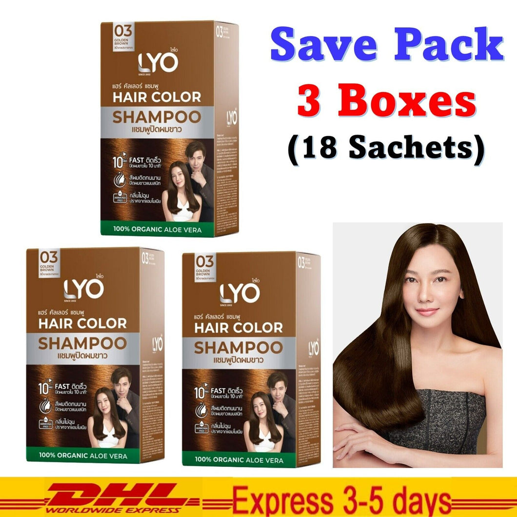 3x LYO Hair Color Shampoo #03 Golden Brown Dye Cover Gray White 100% Organic