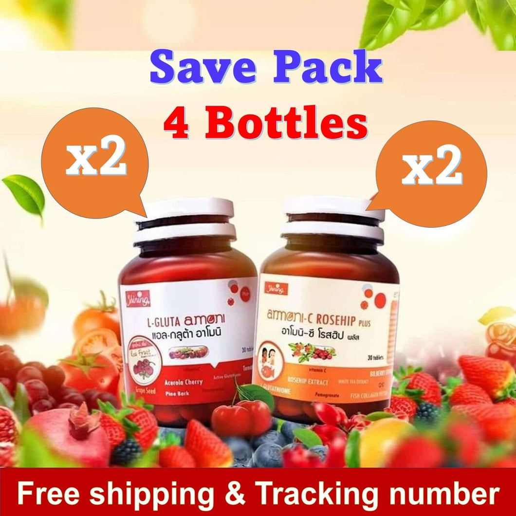 4x L-Gluta Amoni Plus Amoni-C Rosehip SHINING Plus Acerola Cherry Set Aura Skin