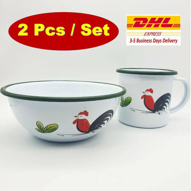 Rare Chicken Enamelware Enamel Mug Cup Bowl Camping Animal Pet Two Pieces Set