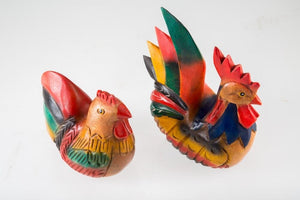 Wood Carved Chicken Figurine Pair Rooster Hand Painted Art Decor Collectible Hen