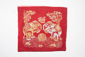Fabric Red Sacred image Thai Painting Gold Twin Elephant Picture Wall Art Dector