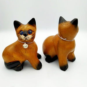 Pair Wooden Cats Hand Carved Statue Figurine Handmade Home Decor Gift So Cute